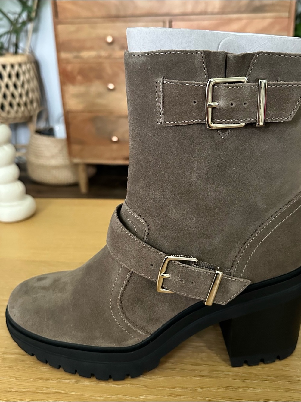 Kenneth Cole Suede Buckle Lugsole Boots in Taupe Water Repellent with Polar Grip